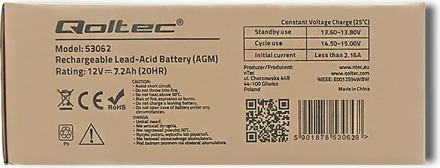 Bateri AGM Qoltec 53062, 12V, 7.2Ah, e zezë