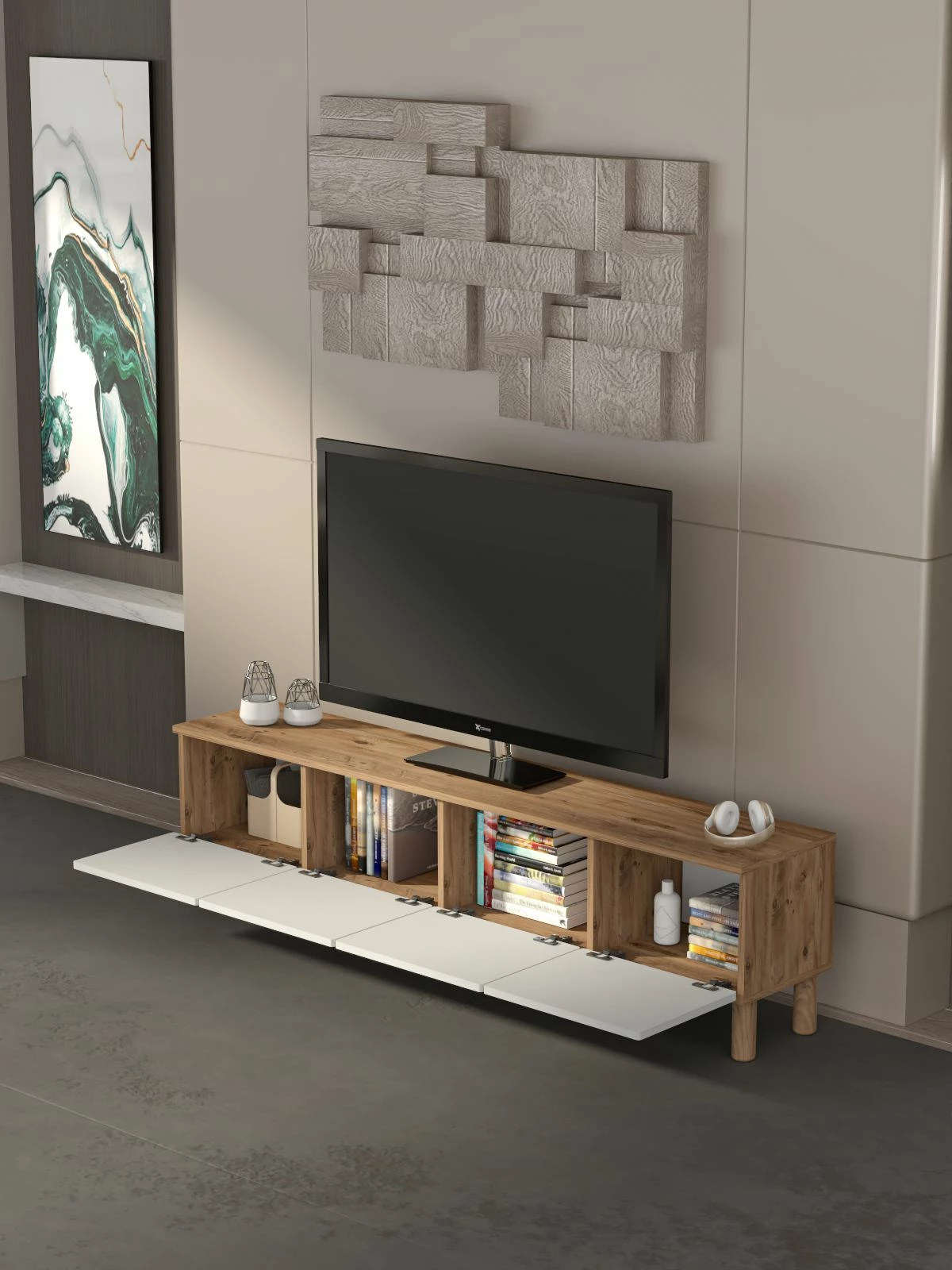 Komodë TV Skye Decor, ngjyrë pishë Atlantike dhe e bardhë, Norvella