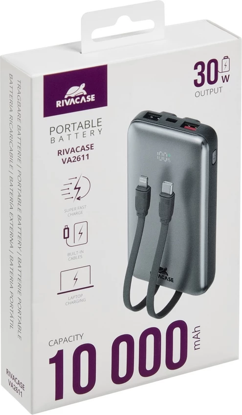 Power bank RIVACASE VA2611 10,000 mAh 30W, LCD, kabllo Type-C + Lightning, gri