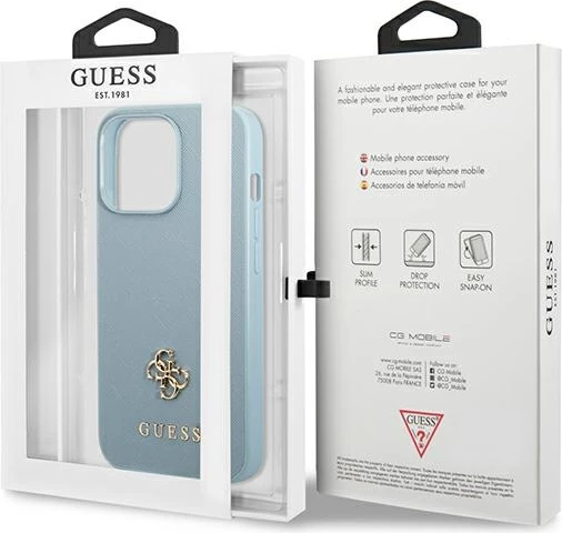Mbështjellës Guess Saffiano 4G Small Metal Logo për iPhone 13 Pro / 13, Blu