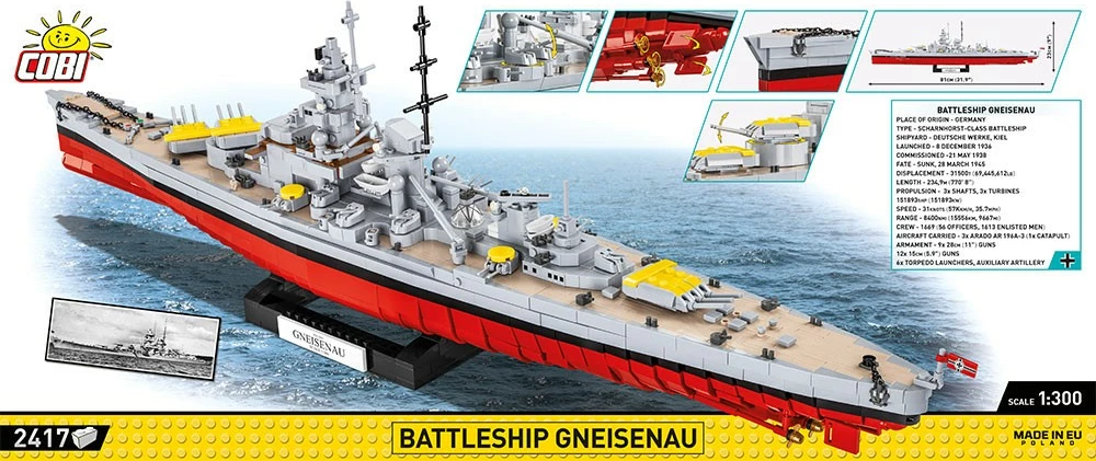 Set ndërtimi Cobi Klocki Battleship Gneisenau, 2417 pjesë, Historical Collection, gri/e kuqe