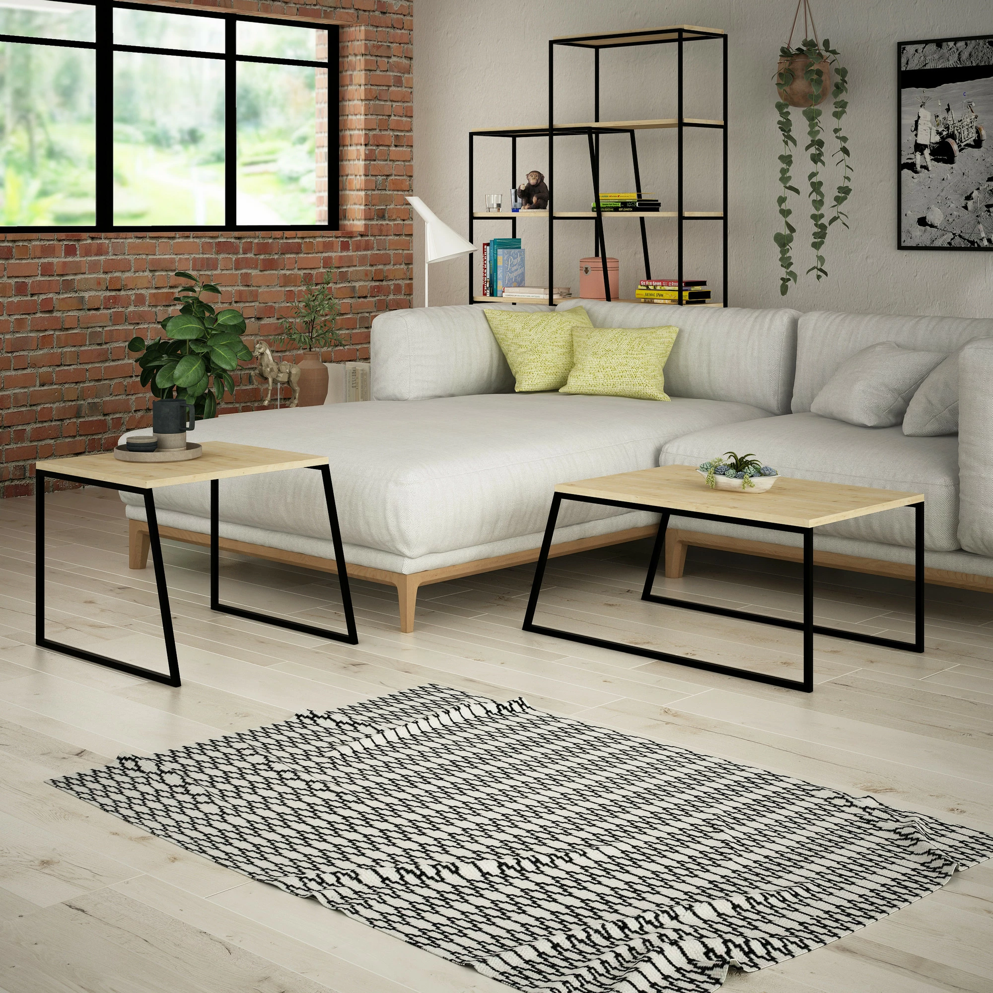 Set tavolinash kafeje Skye Decor, ngjyrë lisi dhe e zezë, palë