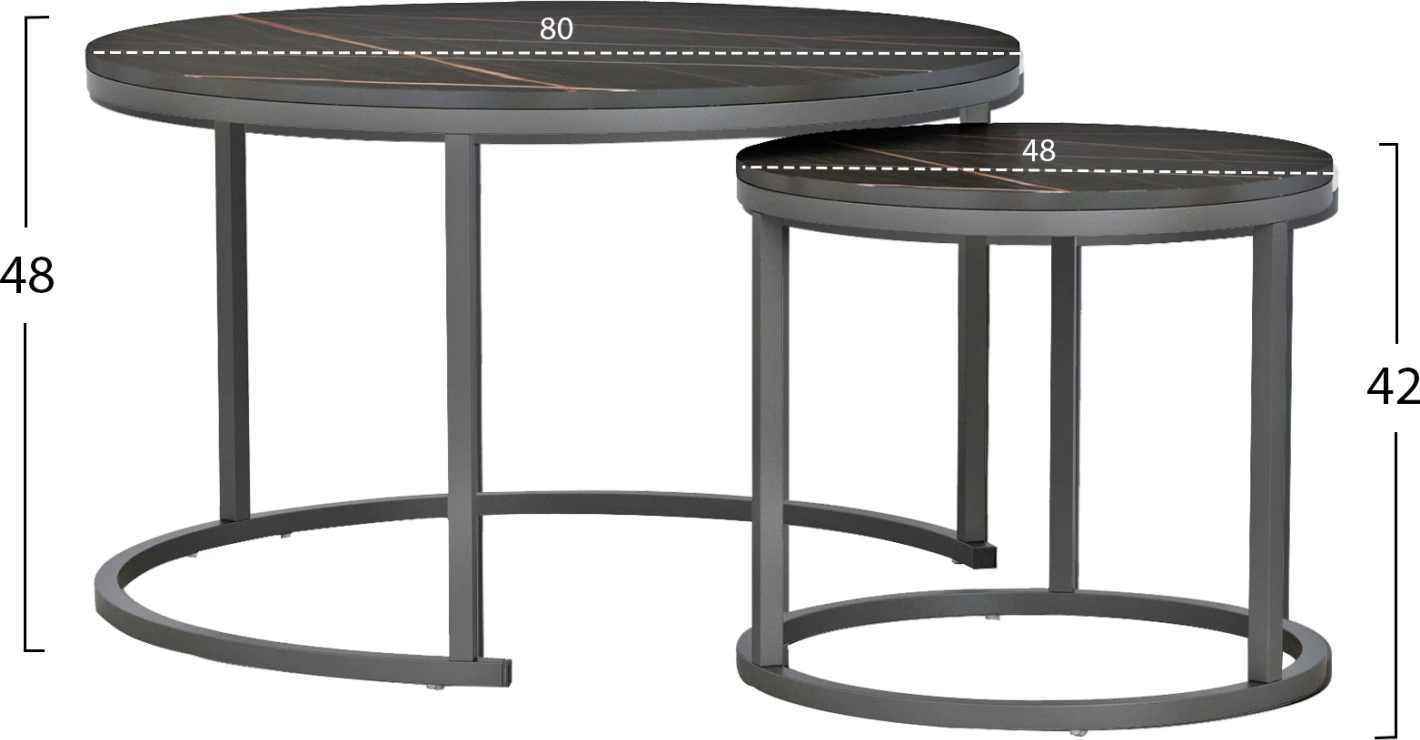 Set 2 tavolina kafeje ΗΜ8763.13, MDF efekt mermeri i zi, këmbë metalike të zeza, Φ80x48cm