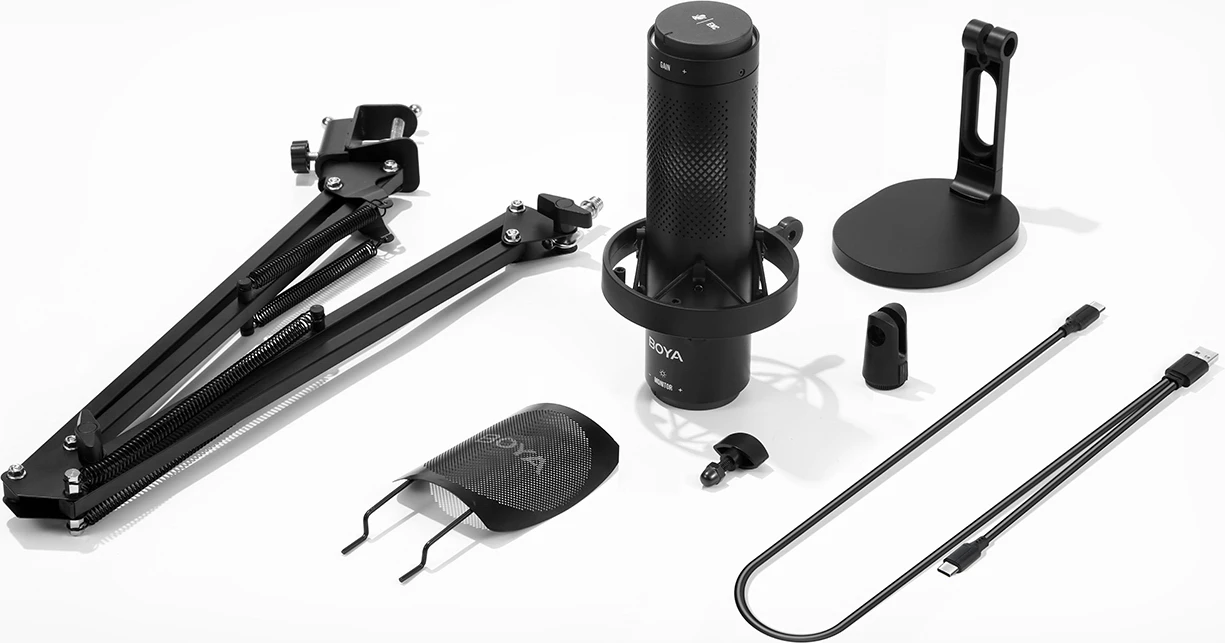 Mikrofon BOYA K9 me kabllo USB-C, 48 kHz 24-bit, RGB, me stendë tavoline dhe pop filter, i zi