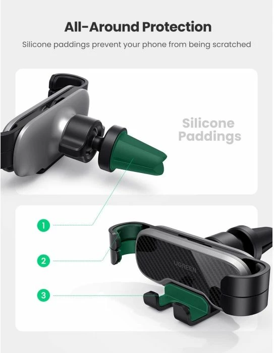 Mbajtës telefoni për veturë UGREEN 80539, air vent, gravitet auto-mbërthim, rrotullim 360°, 4.7-7.2", i zi/gri, në kuti