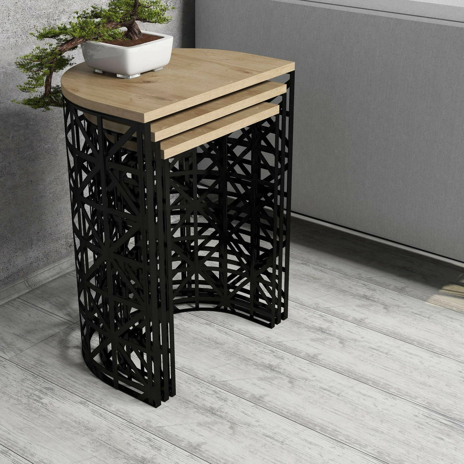 Set tavolinash ndihmëse të vendosshme, 3 copë, ngjyrë lisi dhe e zezë, Skye Decor