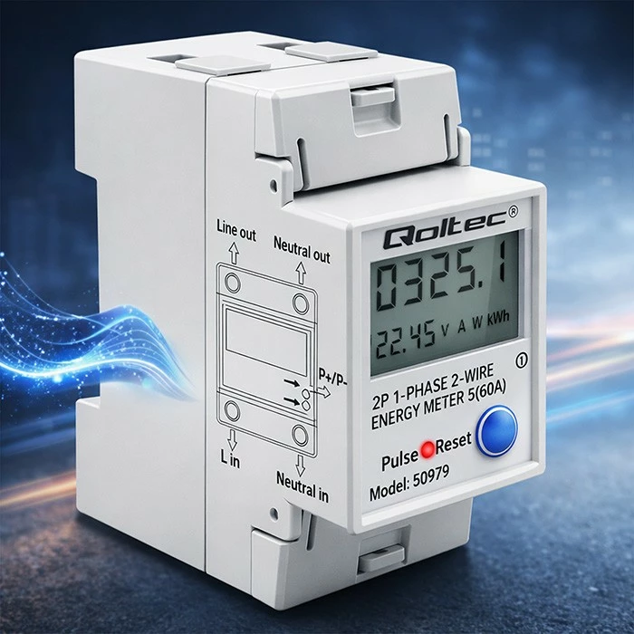Matës konsumit energjie njëfazore Qoltec 50979, DIN TH35, 230V 60A, LCD/LED, RESET, 2P, gri