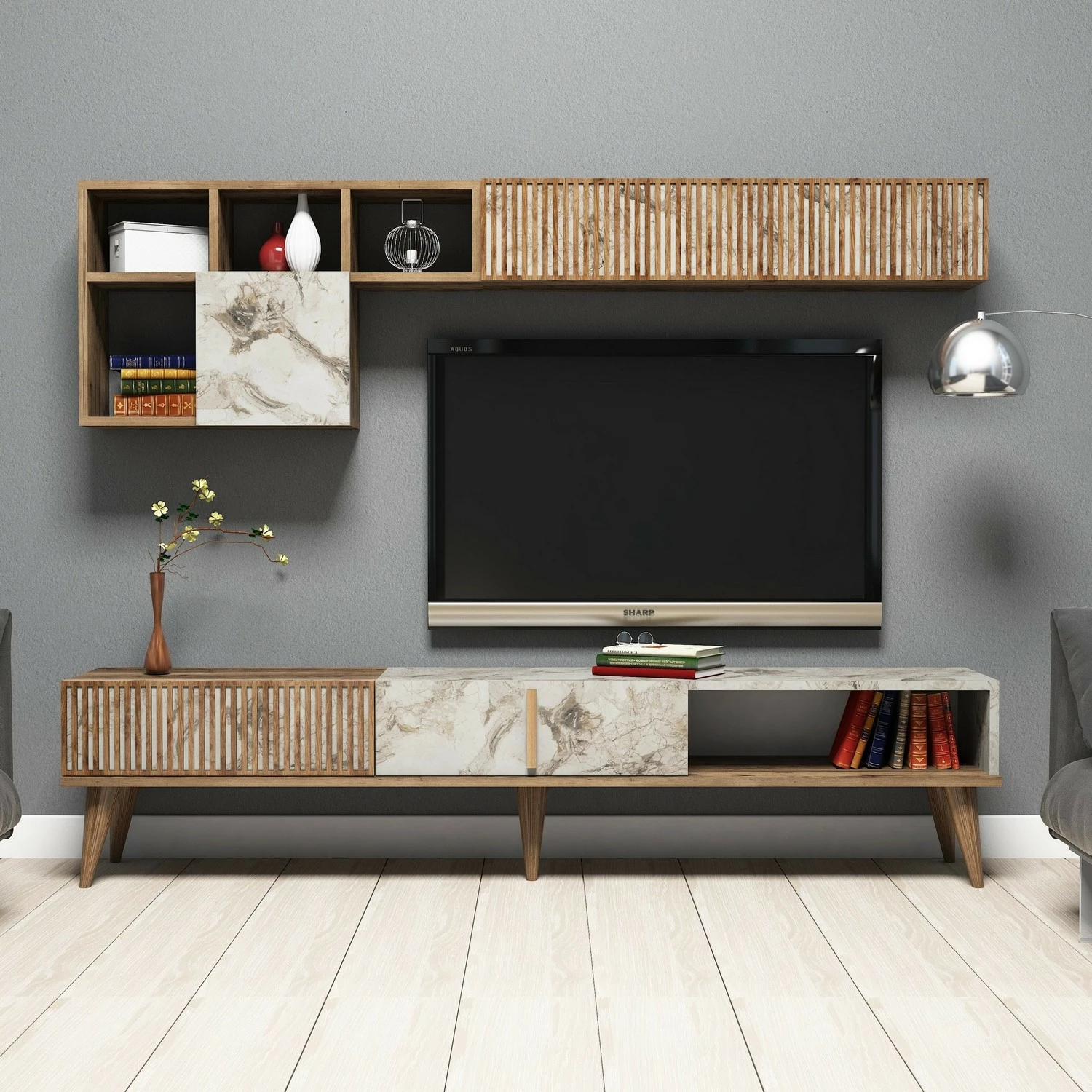 Komodë TV Skye Decor, Milan, ngjyrë arre, mermer i bardhë