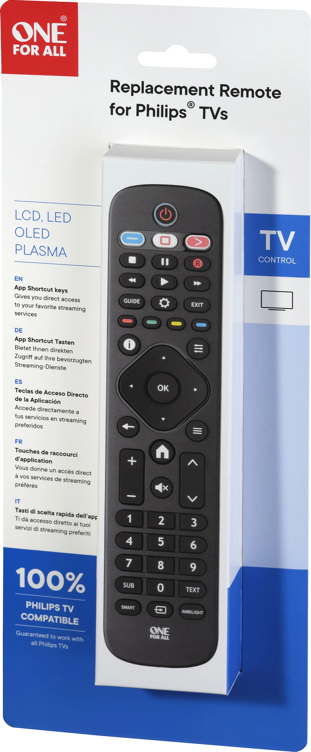 Telekomandë zëvendësuese One For All për TV Philips, IR, me butona, e zezë