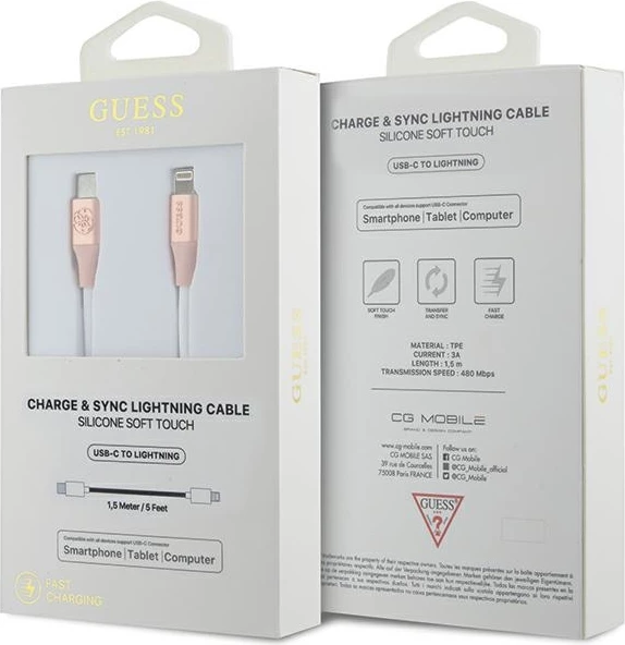 Kabllo karikimi Guess, USB-C në Lightning, 1.5m, Rozë