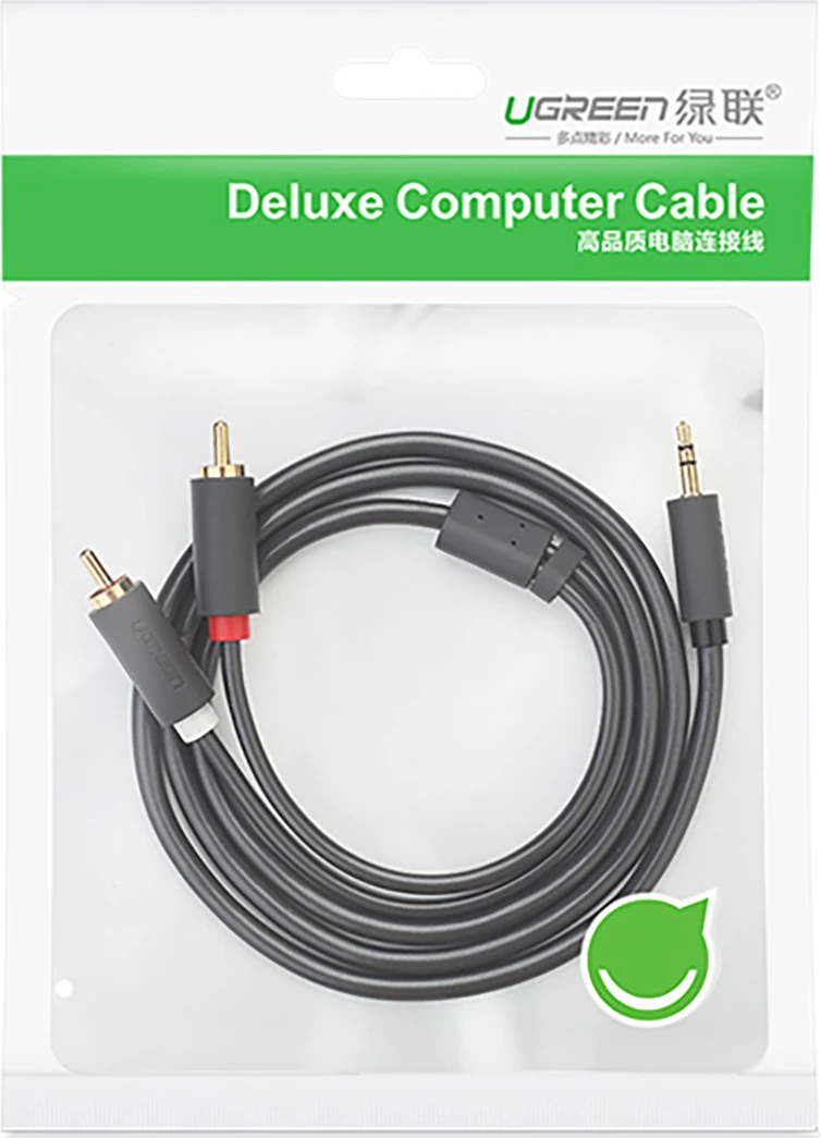Kabllo audio Ugreen AV102 10510, 2m, mini jack 3.5mm në 2RCA, Gri