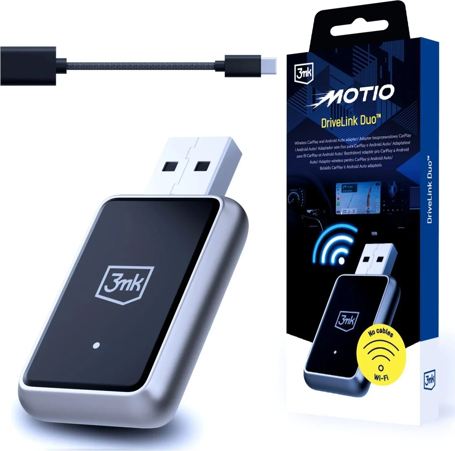 Adapter wireless 3MK DriveLink Duo, Apple CarPlay/Android Auto, Wi‑Fi 6, Bluetooth 5.4, USB‑A, gri