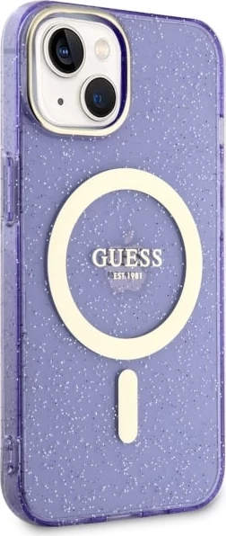 Mbështjellës Guess Glitter Gold MagSafe për iPhone 14, Violet