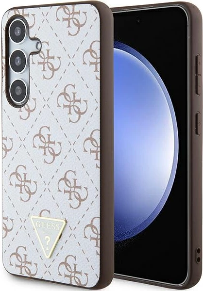 Mbështjellës Guess 4G Triangle Metal Logo për Samsung Galaxy S24, eco-lëkurë/TPU/PC, i bardhë