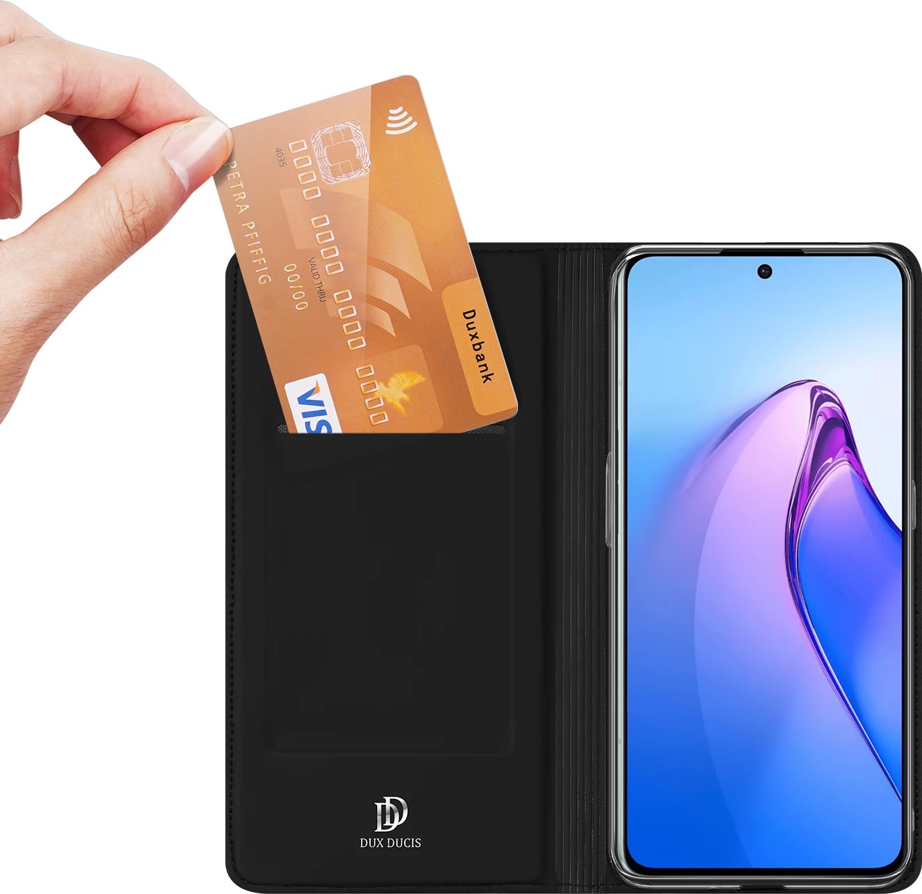 Mbështjellës Dux Ducis Skin Pro për Oppo Reno 8 Pro, me kapak, xhep për kartela, funksion stand, e zezë