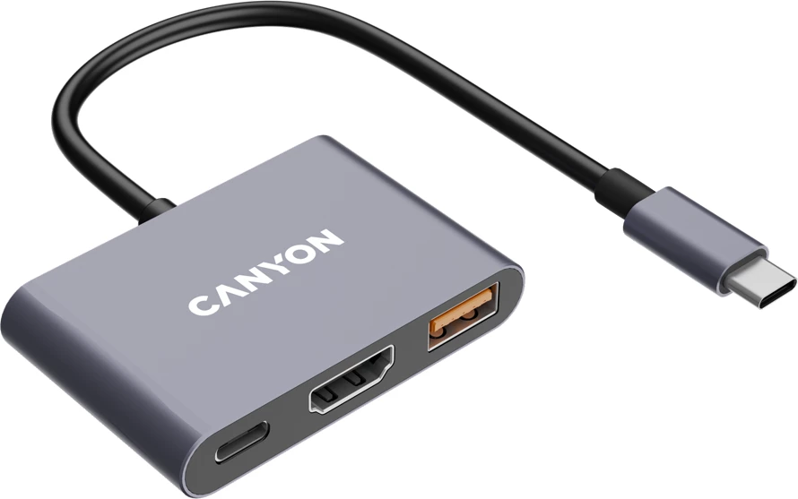 Hub USB-C CANYON DS-4 3n1 me HDMI, USB 3.2 Gen 2 dhe Power Delivery 100W, gri