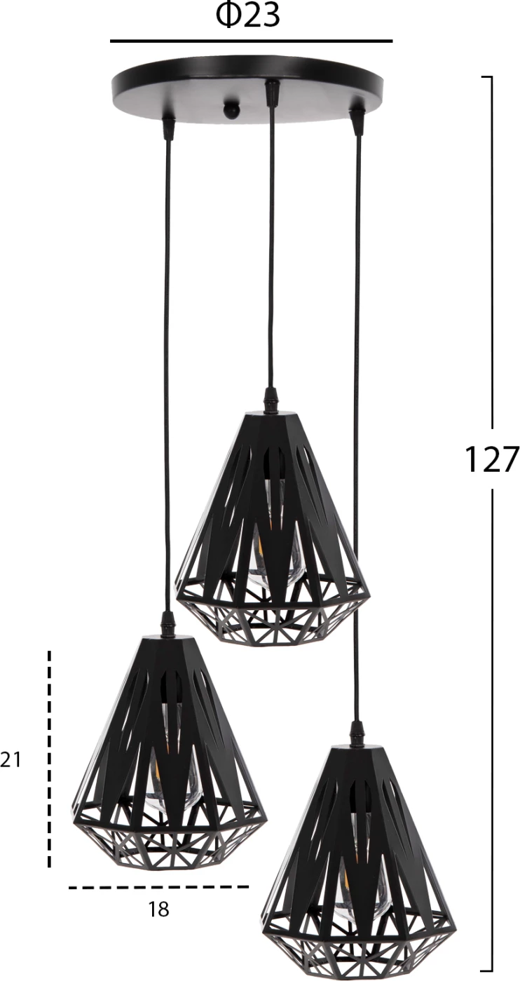Llambë varëse tavani FH4083 3 'fenerë' metal i zi Φ23x127Hcm