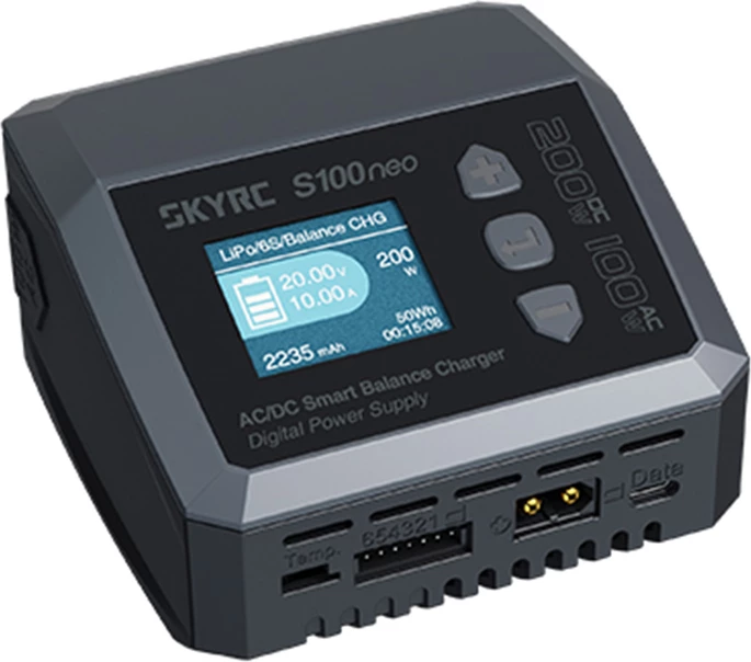 Karikues smart SkyRC S100neo AC/DC 100W/200W, ekran 1.77", për bateri LiPo/LiHV/LiFe/LiIon 1-6S, NiMH/NiCd, Pb, i zi/gri