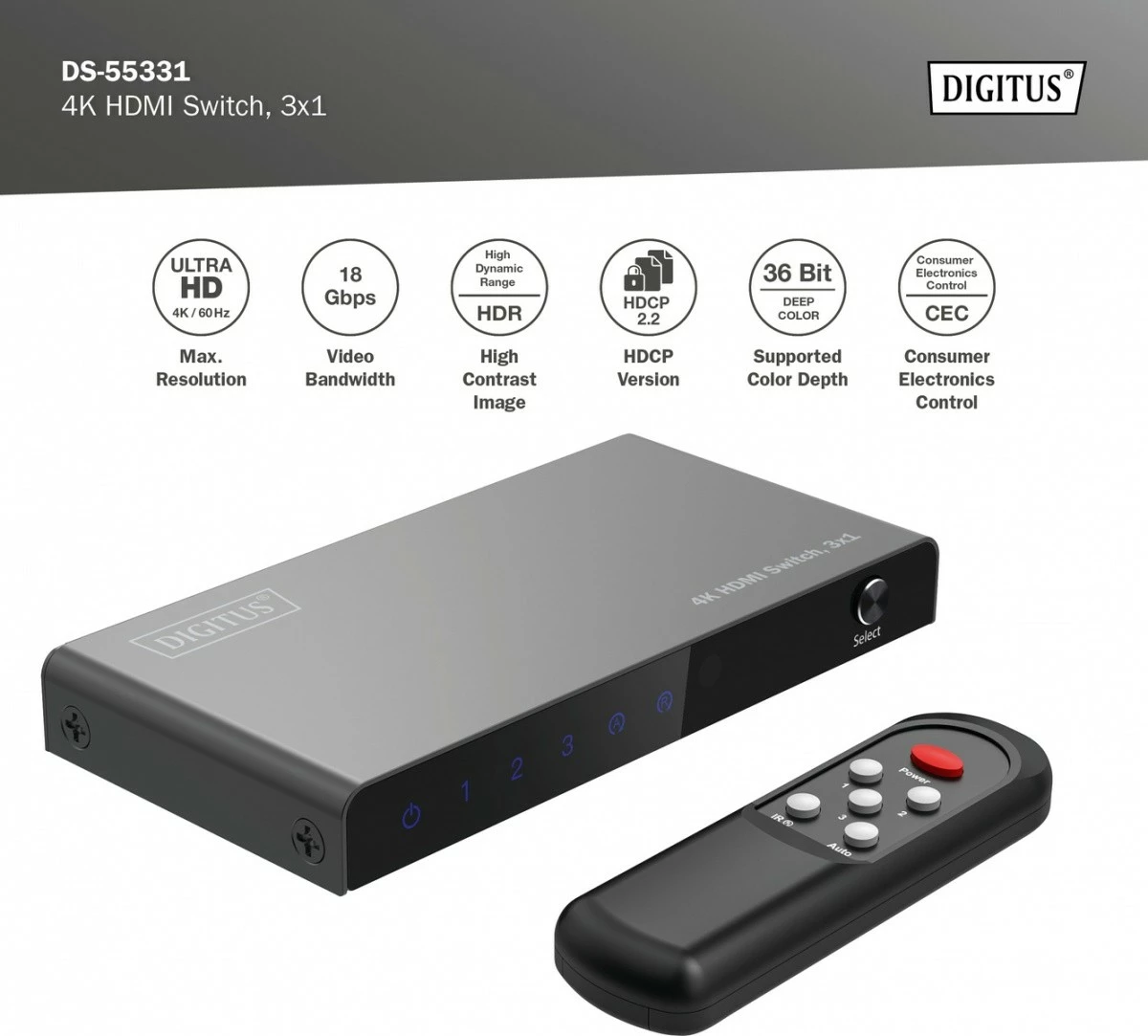Switch HDMI Digitus DS-55331, 3 hyrje, 1 dalje, 4K/60Hz, me telekomandë, e zezë