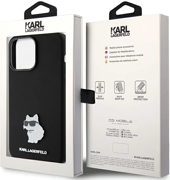 Mbështjellës Karl Lagerfeld Silicone Choupette Metal Pin për iPhone 15 Pro Max, i zi