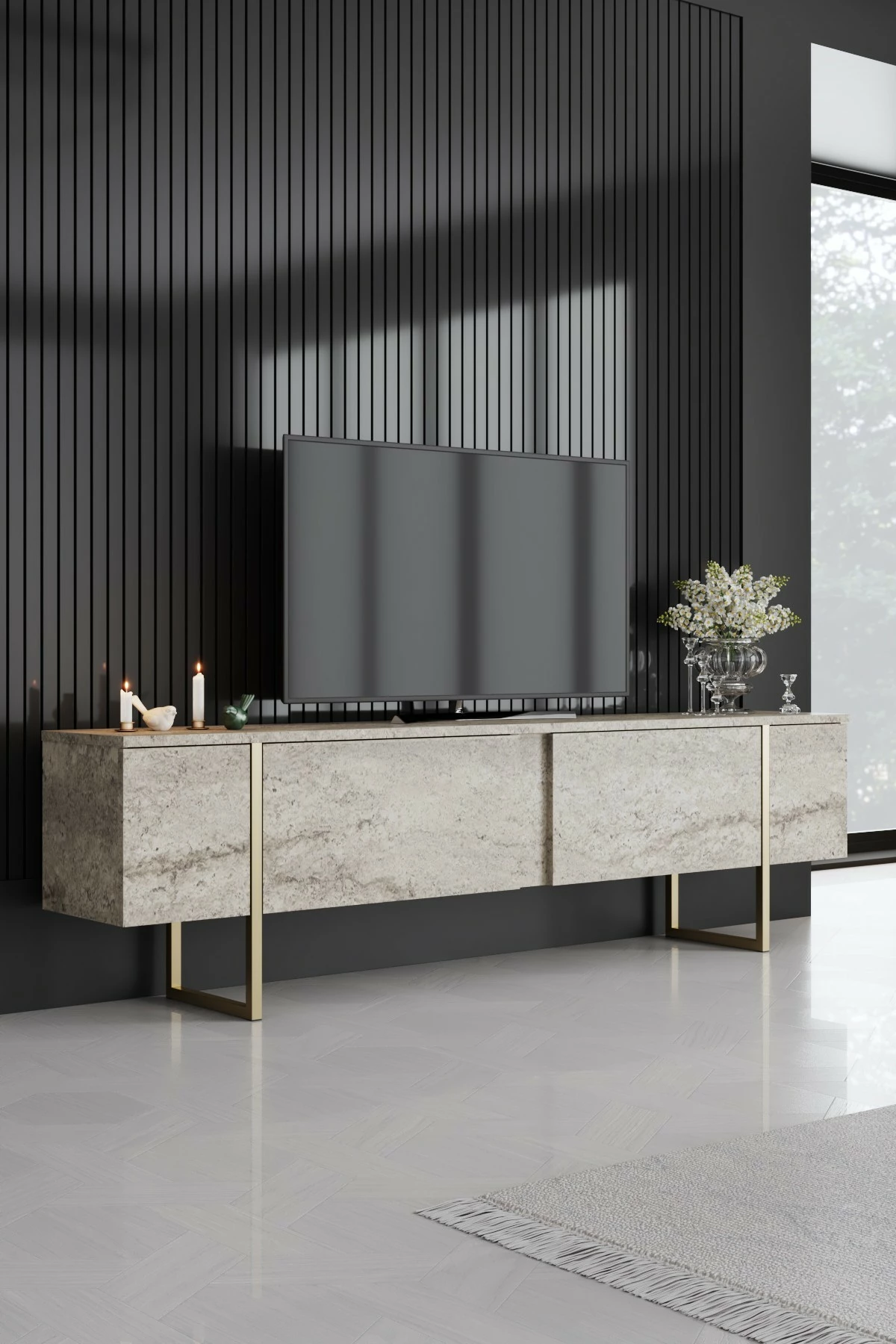 Komodë TV Hanah Home, Luxe, travertin, ari