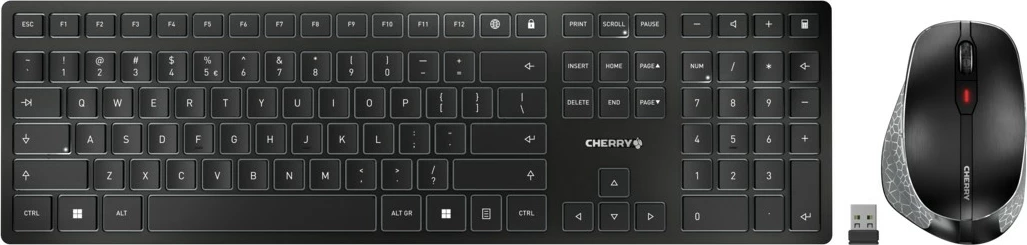 Tastierë Cherry DW 9500 SLIM, Wireless, RF Wireless + Bluetooth, QWERTY, Maus përfshirë, E zezë, Gri