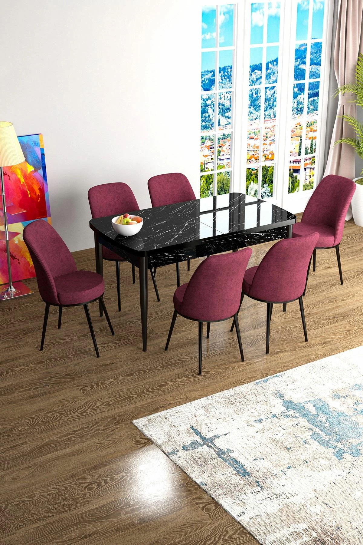 Tavolinë me karrige, e zgjatshme, 7 copë, Skye Decor, mermer i zi, burgundy