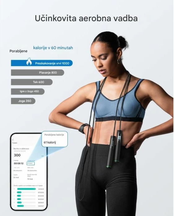 Litar kërcimi smart RENPHO R-Q008 wireless Bluetooth me ekran, 3 m i rregullueshëm, me topa pa litar + litar, i zi (set)