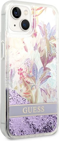 Mbështjellës Guess GUHCP14MLFLSU për iPhone 14 Plus, Flower Liquid Glitter, vjollcë