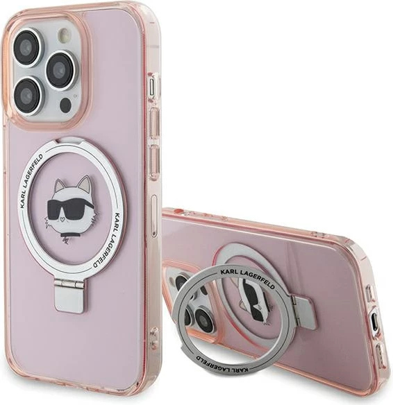 Mbështjellës Karl Lagerfeld KLHMP15XHMRSCHP për iPhone 15 Pro Max 6.7", me unazë Ring Stand Choupette Head, MagSafe, rozë