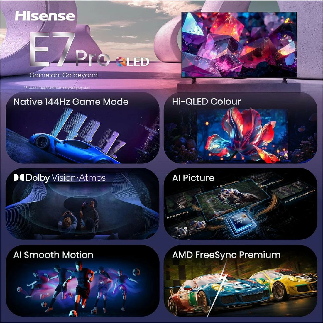 Smart TV Hisense 85E7S PRO, 85" 4K QLED 144Hz, WiFi Bluetooth, e zezë/gri
