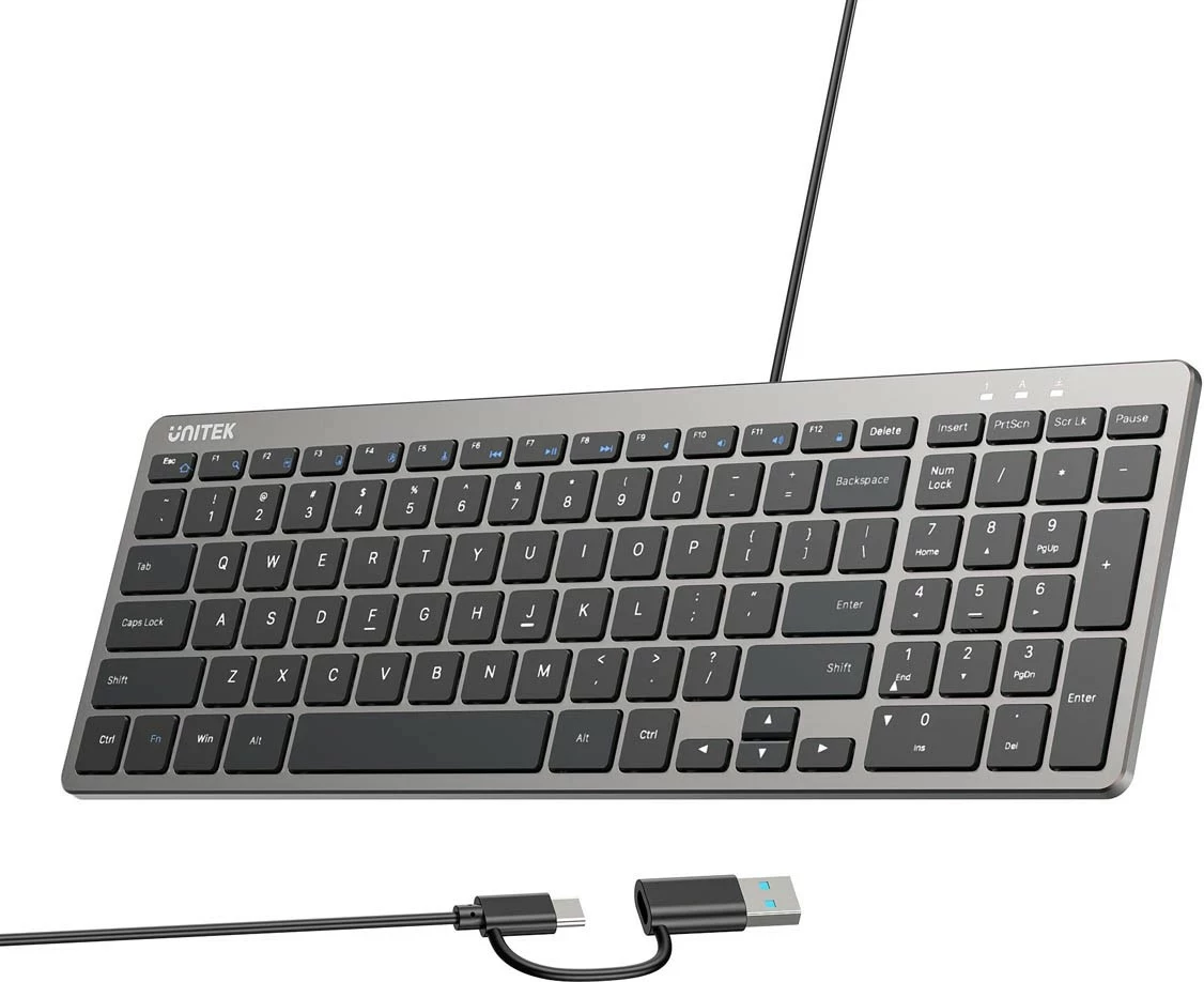 Klaviaturë Unitek SlimTap, me kabllo USB-C/USB-A, 96% (99 taste), gri