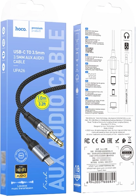 Kabllo AUX HOCO UPA26 Type-C në 3.5mm, 1m, me DAC, e zezë