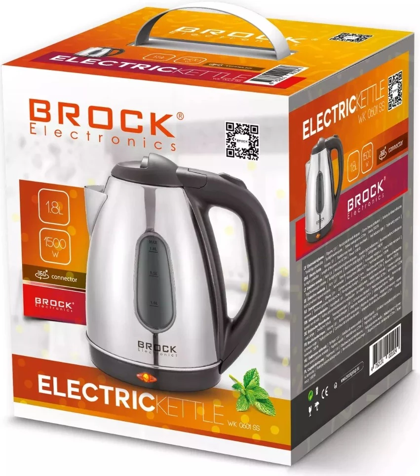 Çajnik elektrik Brock WK 0601 SS, 1.8L, 1500W, inox, argjendtë/zezë