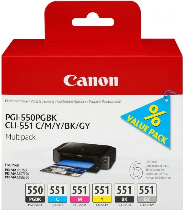 Kartush bojë, Canon, PGI-550/CLI-551, origjinale, ngjyrat PGBK/BK/C/M/Y/GY, multipak 6 copë