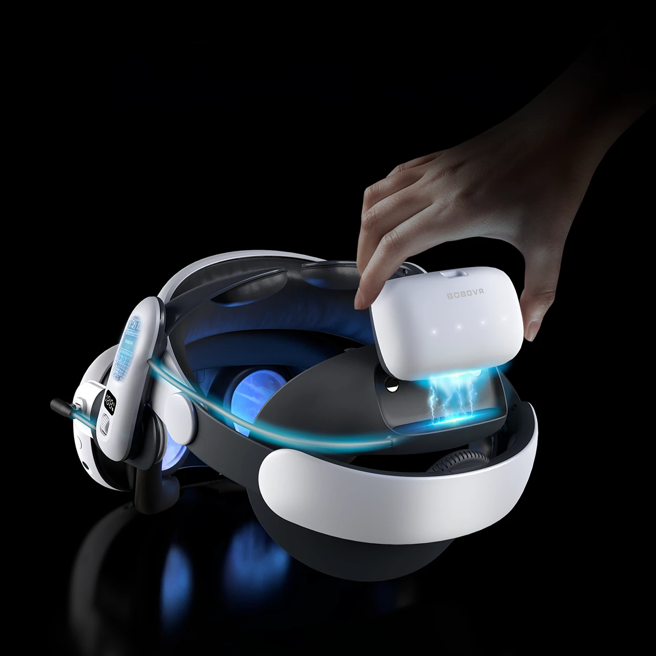 Rrip koke për VR, BoboVR S3 Pro, për Meta Quest 3, me ftohje me ventilator, bateri B100 10000 mAh, bardhë e zi