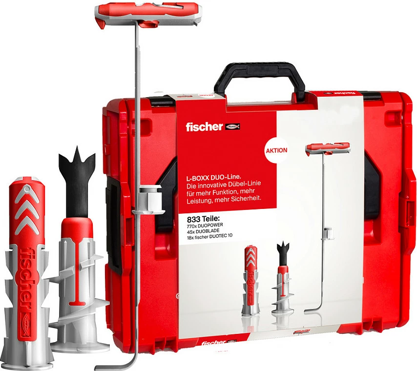 Set dübelash Fischer L-BOXX DuoPower, 833 copë, i rrumbullakët, kuqe