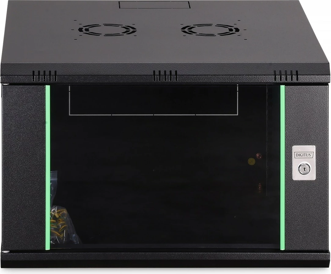 Kabinë rrjeti murale 19" 7U, Digitus DN-37103, 385x600x600mm, 4 shina të rregullueshme, derë xhami, IP20, 60kg, e zezë, e pamontuar