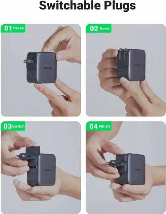 Karikues udhëtimi UGREEN Nexode 65W (MPN 90409), GaN II, PD 3.0, 2x USB-C + 1x USB-A, set adaptera EU/US/UK, zi/gri