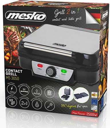 Grill kontakt elektrik MESKO MS3050, 2500 W, pllaka 28×23 cm, me spatul, argjend/zezë