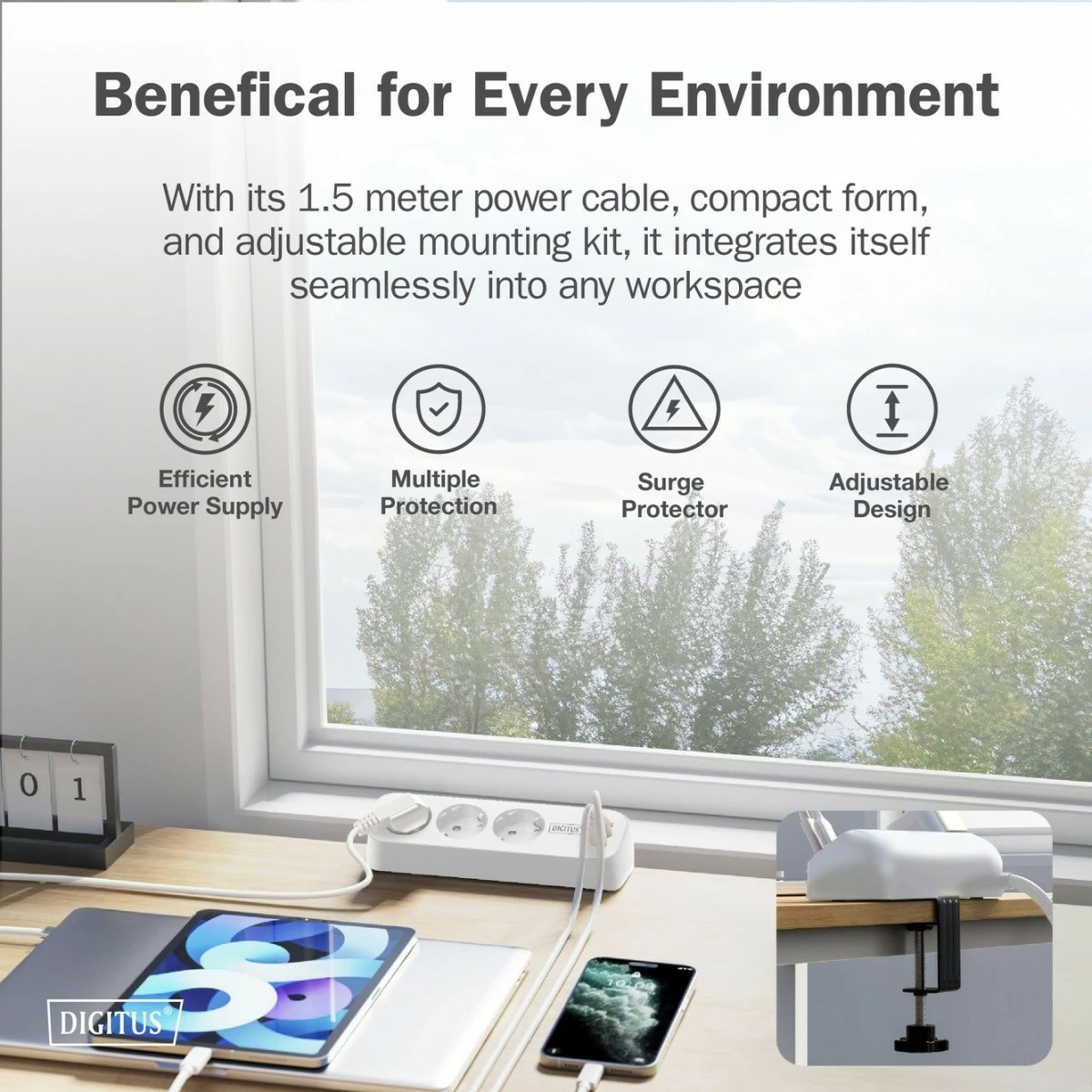 Zgjatues tavoline, Digitus DA-70626, 3 prize Schuko + 2x USB-A 12W + USB-C 30W, kapëse për tavolinë, kabllo 1.5m, e bardhë