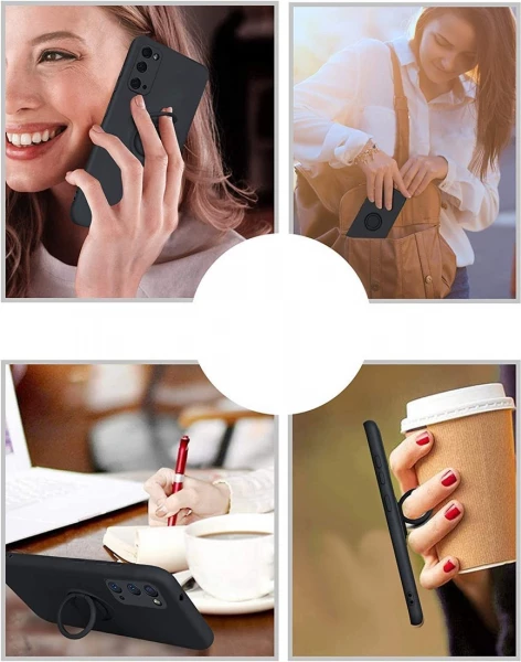 Mbështjellës ONASI Liquid Ring për Samsung Galaxy A35, silikon liquid, mbrojtje kamerë, me unazë/stand dhe pllakë metalike magnetike, e zezë