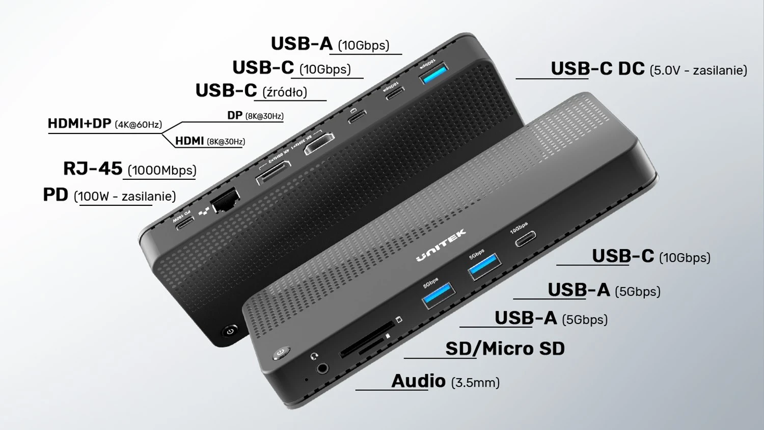 Stacion Dokimi Unitek 12 në 1, HDMI 8K, USB 4, 100 W, ngjyrë e zezë