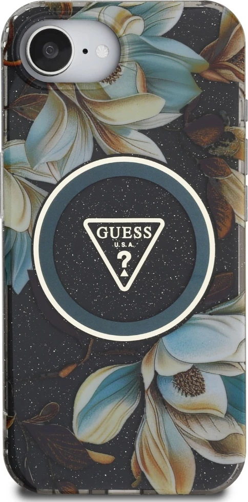 Mbështjellës Guess IML Metal Glitter Flowers Triangle MagSafe për iPhone 16e, zi