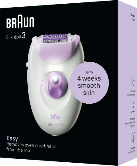 Epilator Braun Silk-épil 3 SE3-000, 20 pinceta, MicroGrip, dy shpejtësi, ngjyrë e bardhë/e purpurt