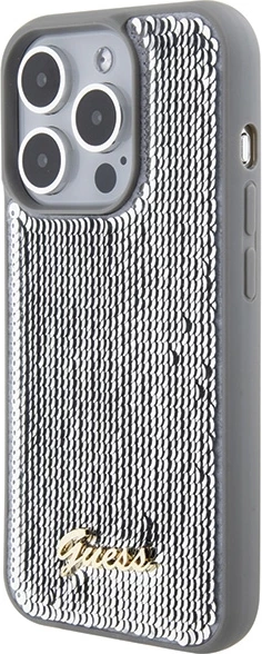 Mbështjellës Guess Sequin Script Metal për iPhone 15 Pro Max, argjend