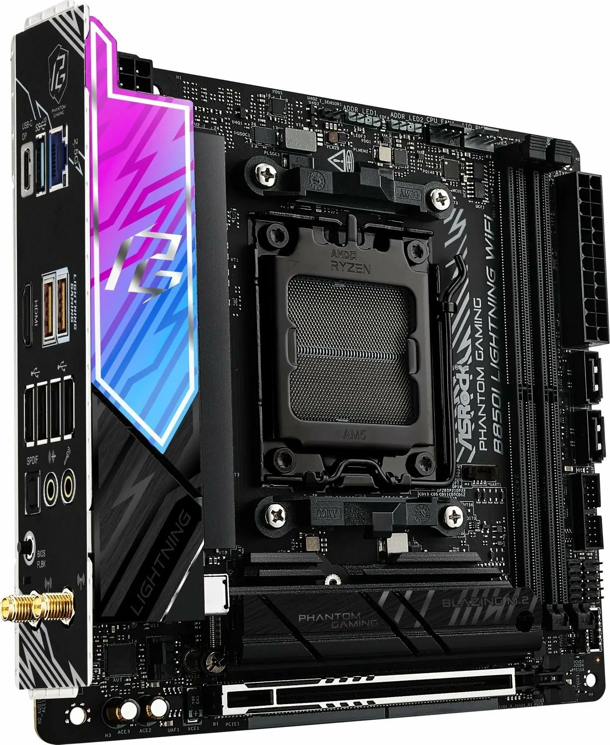 Pllakë amë ASRock Phantom Gaming B850I Lightning WiFi Mini-ITX, DDR5 deri 128GB, Wi‑Fi 6E, 2.5Gb LAN (me 2 antena WiFi)