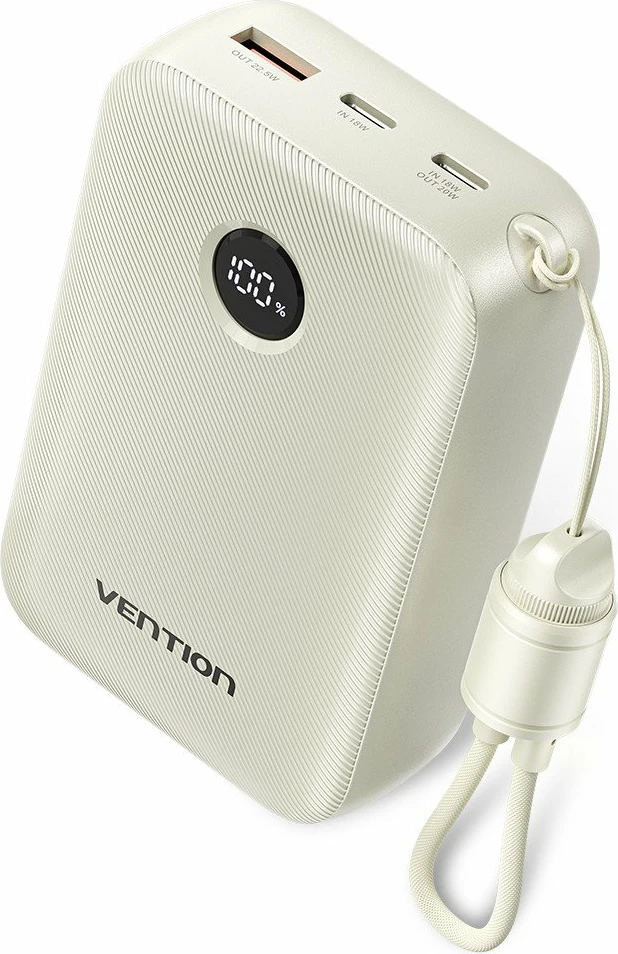 Powerbank Vention FKBN0-C 20000mAh 22.5W me display, kabllo USB-C të integrume 17cm, beige