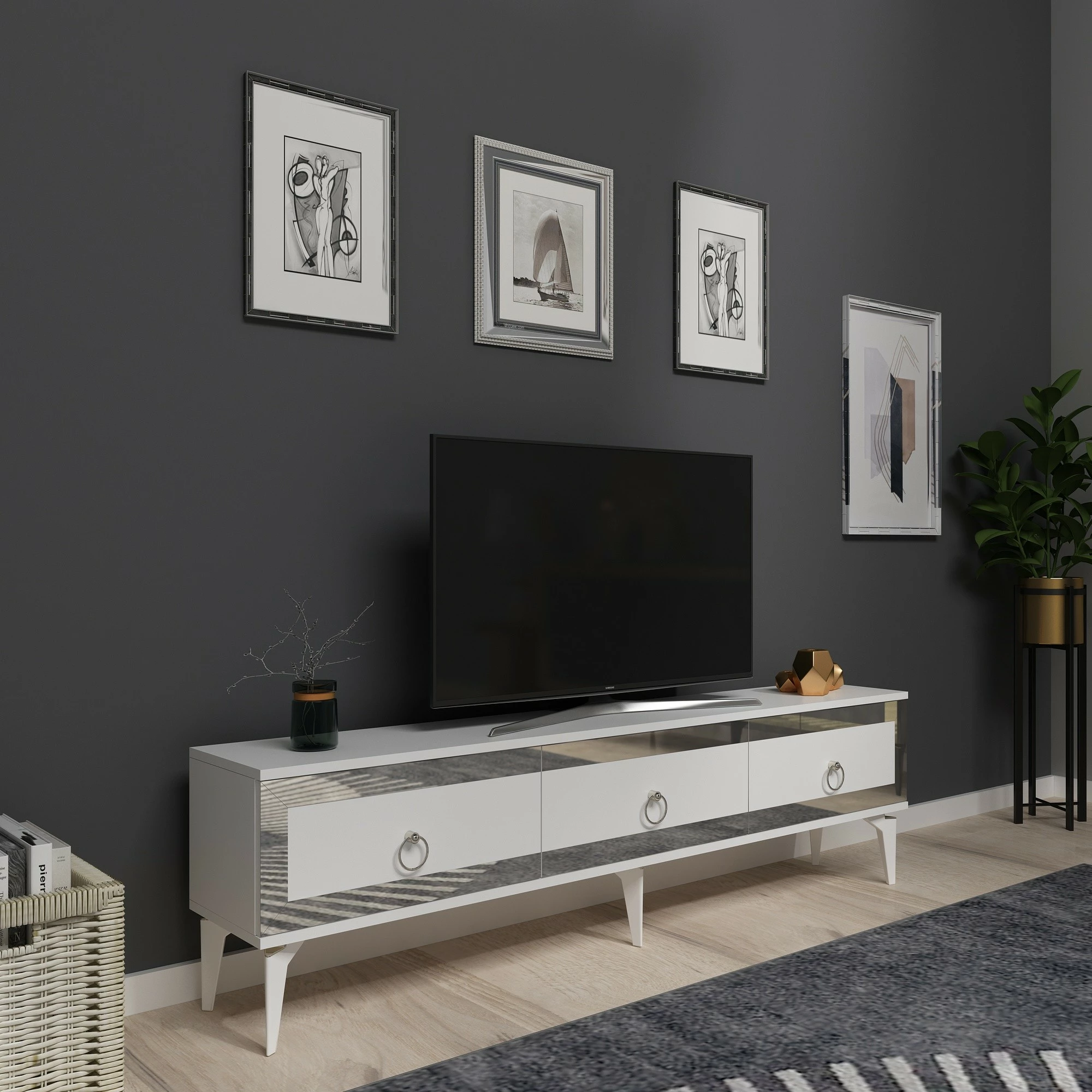 Komodë TV Hanah Home, Ponny, e bardhë, argjend