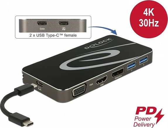 Docking stacion DeLOCK USB-C 3.2, DP/HDMI 4K + VGA, USB Hub, PD 3.0, e zezë